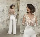 Романтический свадебный комбинезон, наряд, пляжные свадебные платья, кружевные платья до щиколотки с длинными рукавами для приема, женский брючный костюм