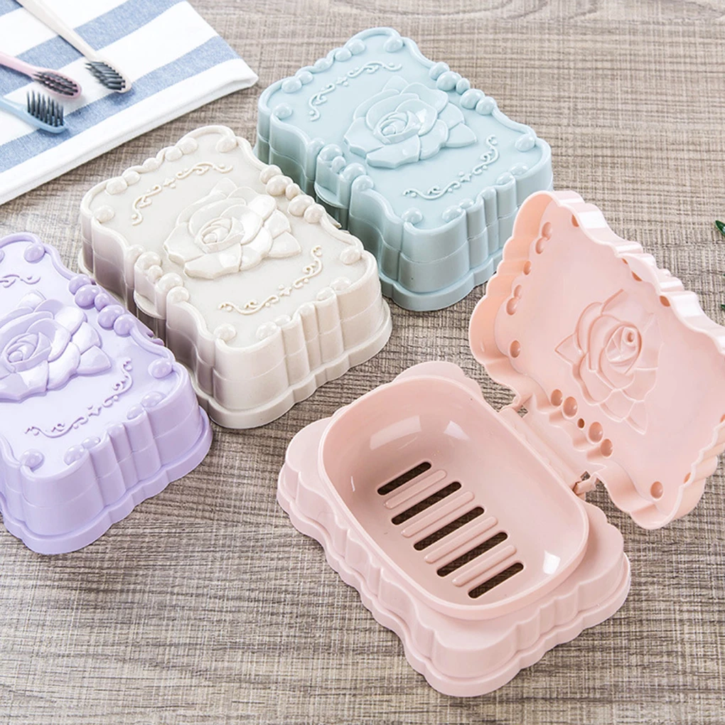 

YJBD Travel Water Leaking Soap Storage Box Rose Shaped Dish Bathroom Accessories Soap Holder with Cover