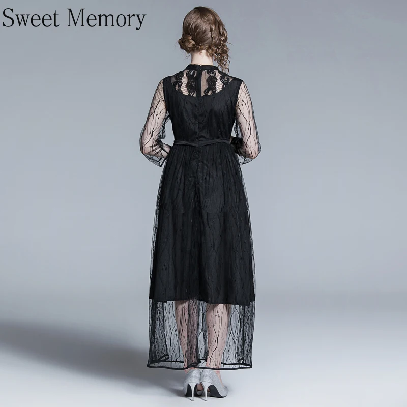 

Sweet Memory Summer Black Long Evening Dresses 2021 Women Illusion Long Sleeve Sexy Mesh Patchwork Lace Wedding Party Dress