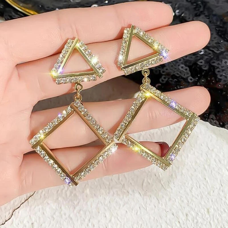 Женские серьги модные Геометрические Квадратные хрустальные с подвеской