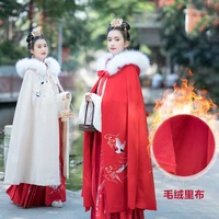 free shipping autumn and winter wear plush warm medium long woolen overcoat hanfu female han element crane hooded cape