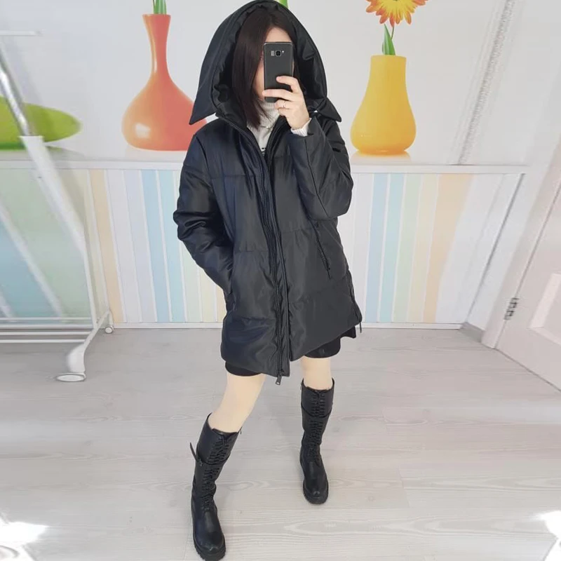 Куртка женская утепленная из искусственной кожи парка на молнии с капюшоном