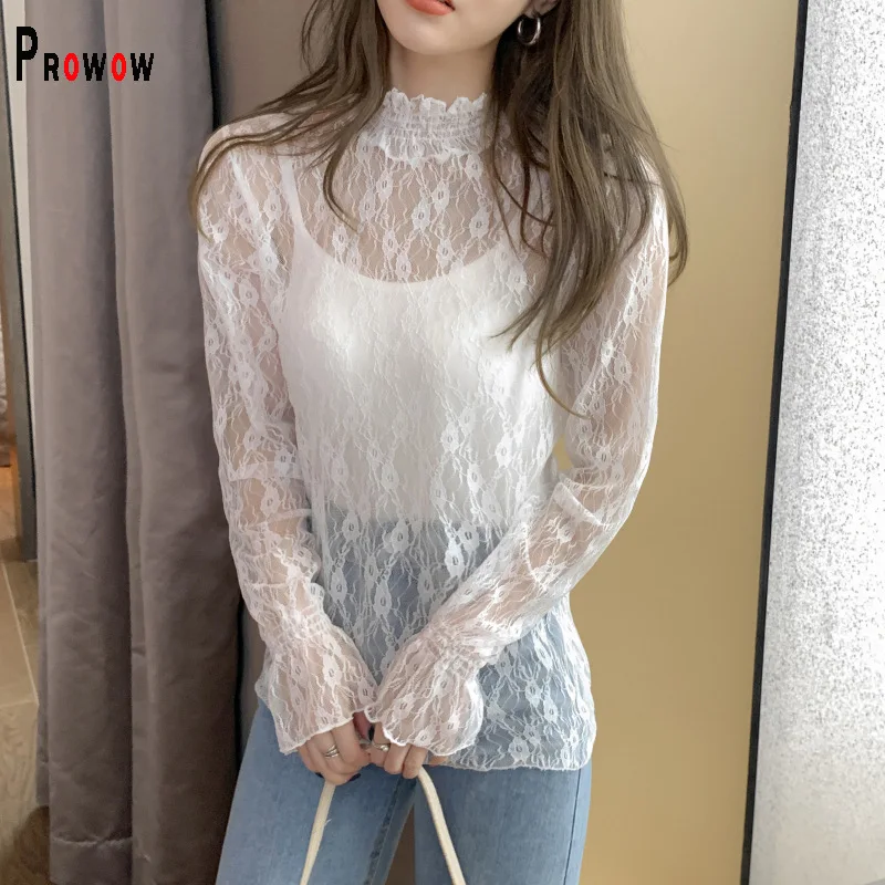 

Prowow Sexy Perspective Lace Flower Women's Blouse Shirts Long Sleeve Spring Summer Thin Crop Tops Clothes Female Outfits