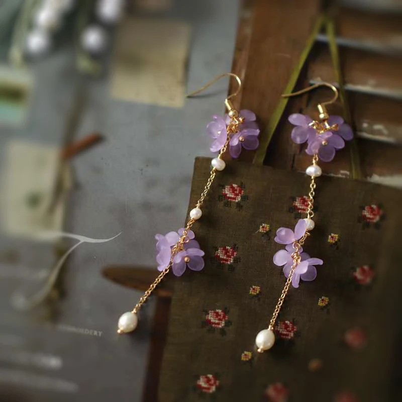 

FXLRY Original Handmade Natural Freshwater Pearl Vintage Forest Purple Petal Earrings For Women Jewelry