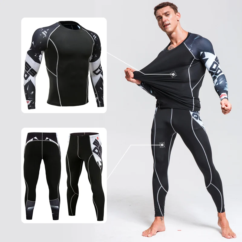 Men's Winter Thermal underwear Compression Skin Sportswear 2-pc/set Warm Sweat Suit Tracksuit 3D Pattern Arm long johns Men
