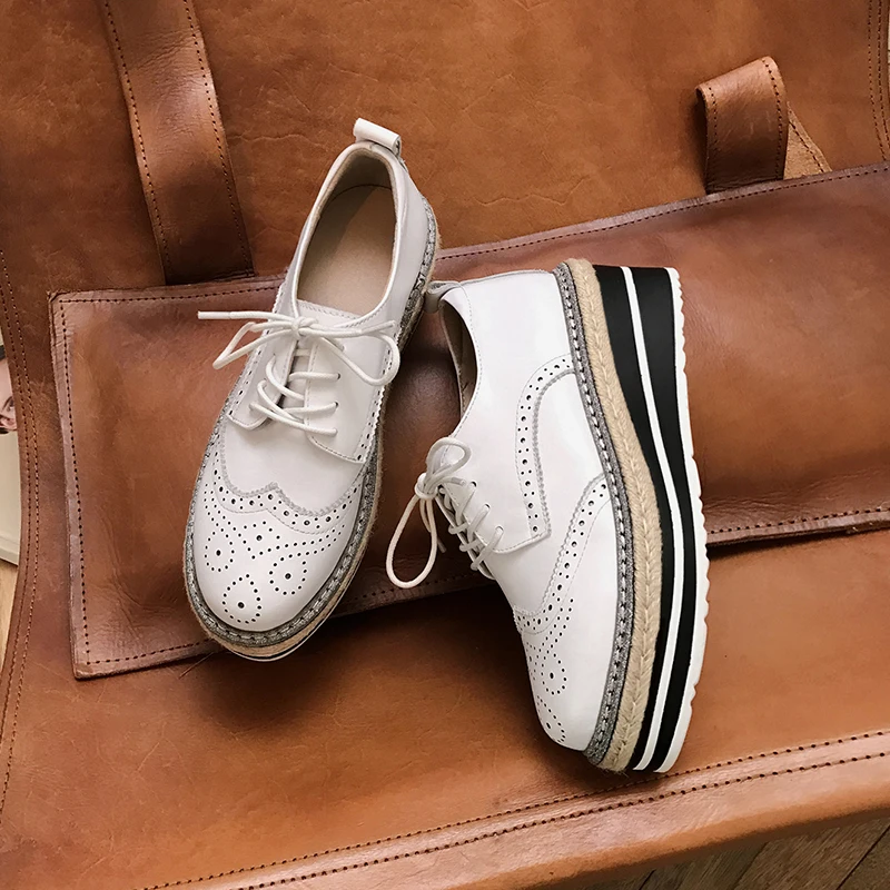 

Women's genuine leather platform flats lace-up oxfords round toe soft comfortable casual espadrilles thick sole brogues shoes