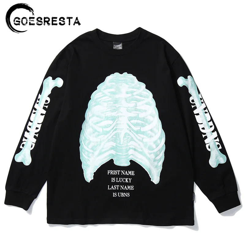 

2020 Oversize Hip Hop Skeleton Printing Men T Shirt Cotton Streetwear Harajuku Tshirt Loose HipHop T-shirt Tops Tees Long Sleeve