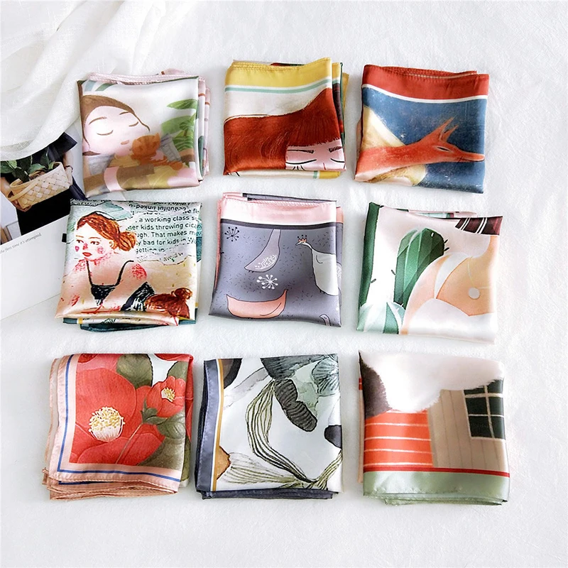 

Fashion Hijab Scarf For Women Oil Painting Silk Satin Hair Scarfs Kerchief 53X53cm Square Neckerchief Headband Scarves Lady 2021