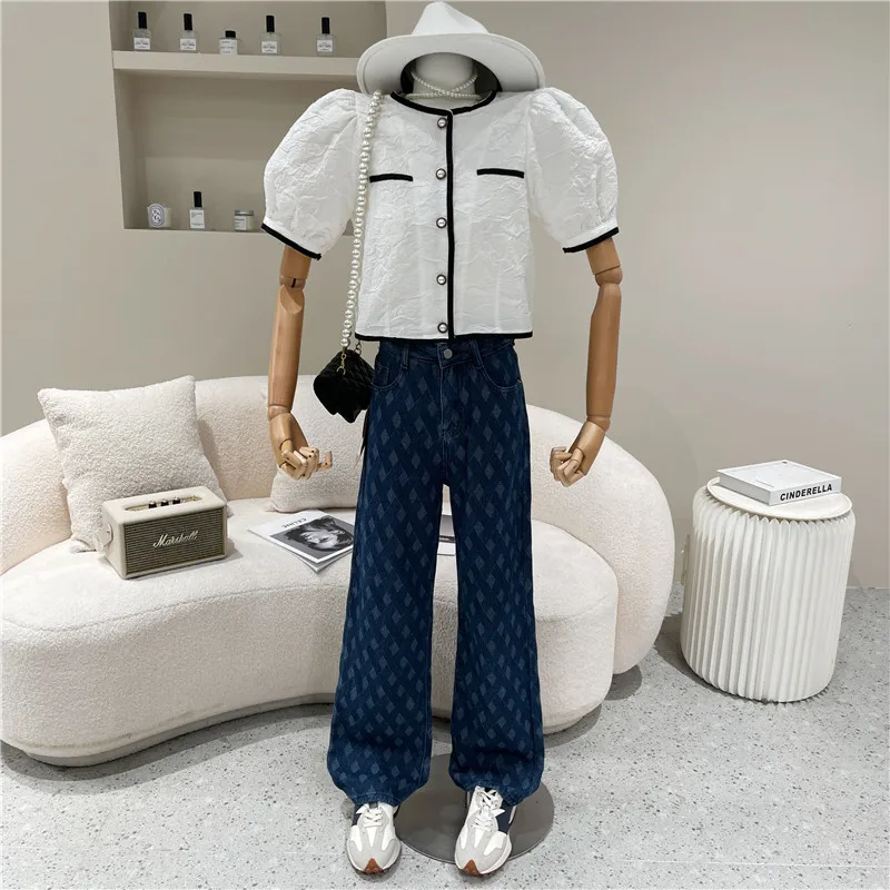 

Women's Spring Summer 2021 Fashion Retro contrast short sleeve top temperament short bubble sleeve shirt