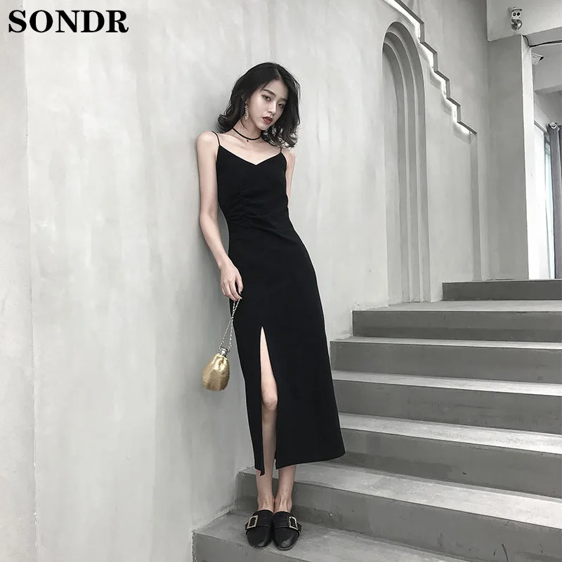Новинка Осень Весна 2020 сексуальное черное платье на бретельках без рукавов