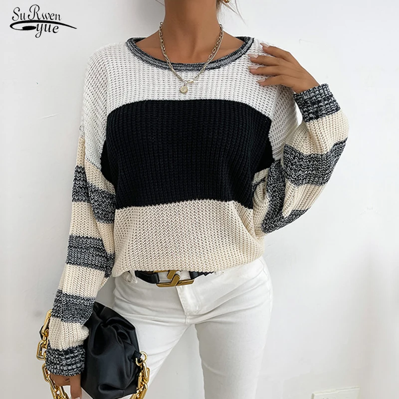 

Осенний Повседневный пуловер в полоску, зимний винтажный свободный свитер в стиле пэчворк 2021, пуловер с круглым вырезом и длинными рукавами...