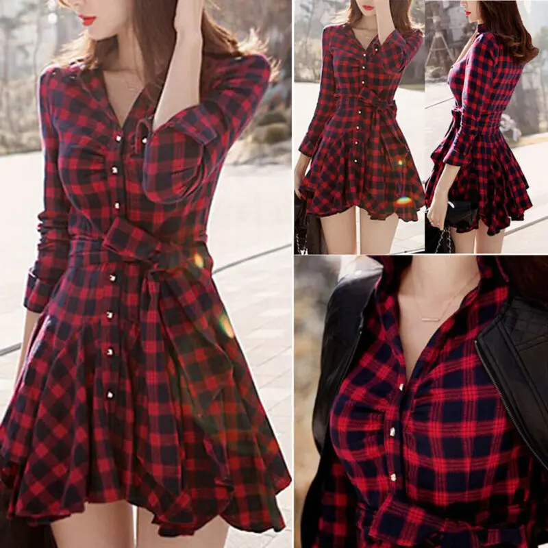 Модное женское платье повседневное Фланелевое клетчатое рубашка в клетку