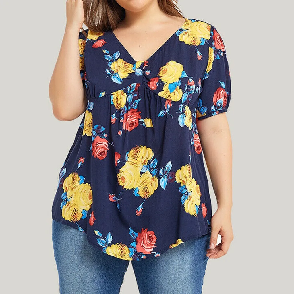 Модная женская блузка с принтом размера плюс Летние повседневные топы v-образным