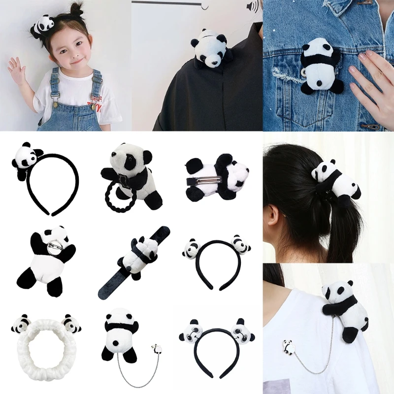  Cute Panda Headdress Elastic Headband Head Loop Fluffy Hair Tie Clip Brooch Wristband Kawaii Hair Clothing Accessories