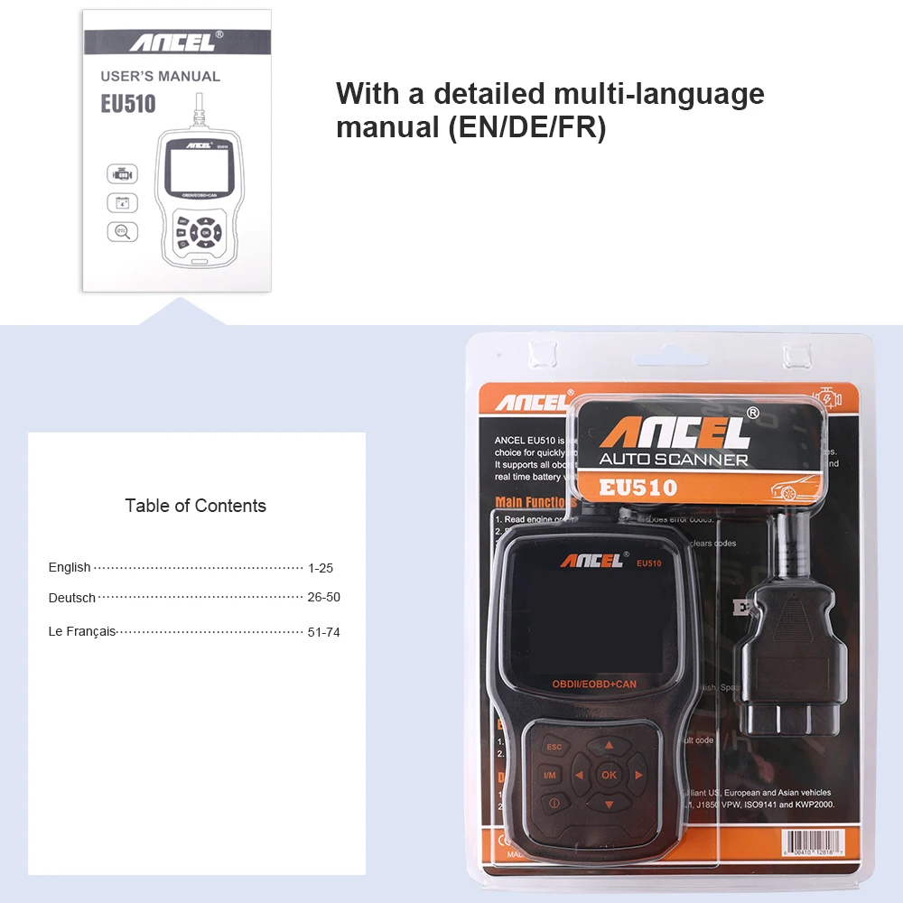 ANCEL EU510 OBD2 сканер автомобильный диагностический инструмент для Renault Citroen Peugeot, opel VW автомобильный аккумулятор тестер код ридер OBD2 авто