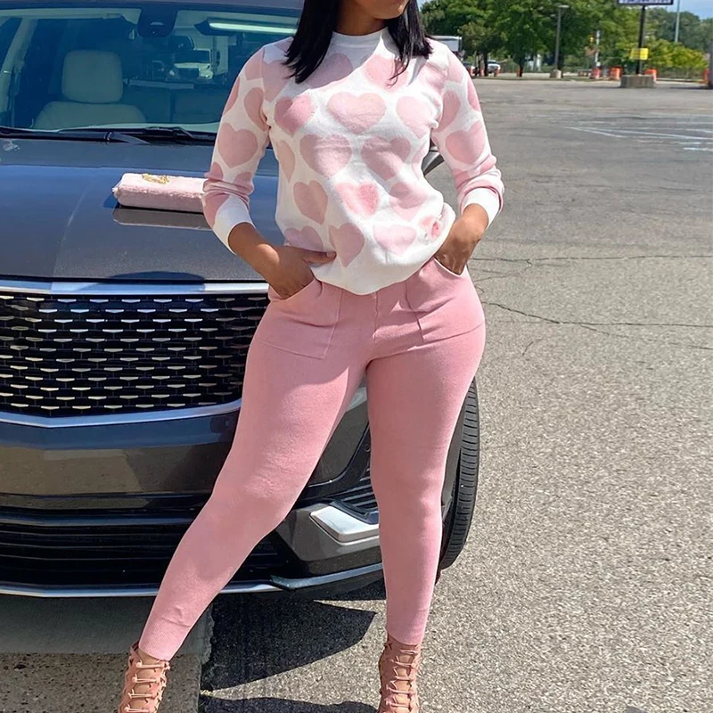 

Autumn Women 2 Piece Sets Casual Heart Print O Neck Sweatshirt Tops Outfit Solid Pocket Skinny Pants Suits Tracksuit Streetwear
