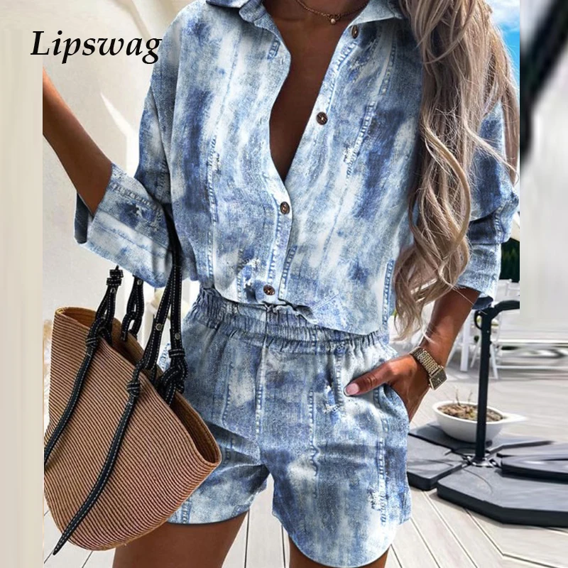 

Женский комплект из двух предметов, элегантная рубашка с принтом и шорты, Повседневная Уличная одежда свободного кроя с отложным воротнико...