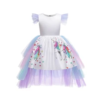 summer girls cosplay unicorn dress with long tail hair band baby girl princess birthday party ball gown kids horse clothes