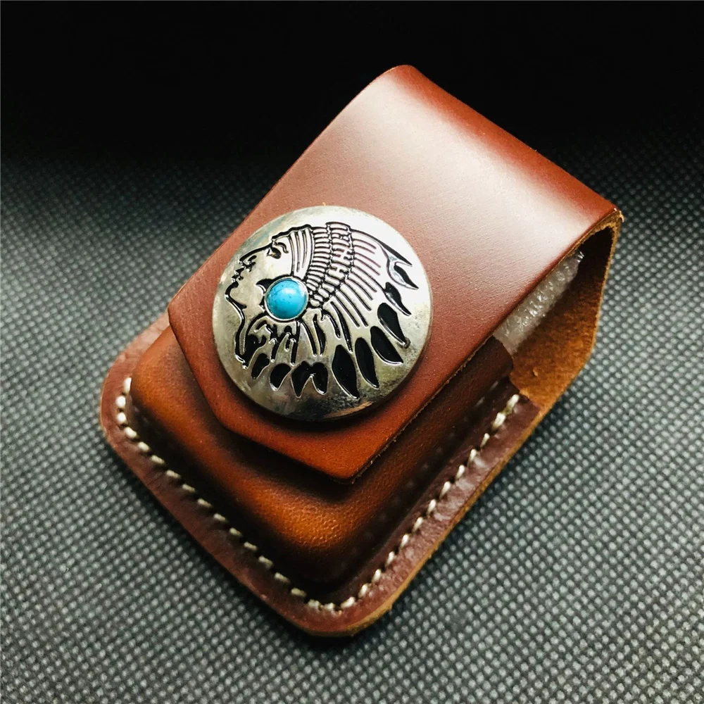 

High Quality 3D American Indian Handmade Genuine Leather Kerosene Cigarette Lighter Case For Zippo Lighters Smoking Gadgets