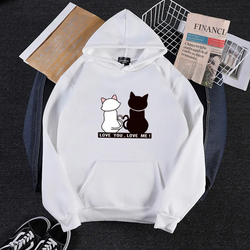 

New Candy colors Harajuku Style Japan Korean Sweatshirt Kawaii Letter Love You Love Me Cat Print Pattern Fleece Couple Hoodies
