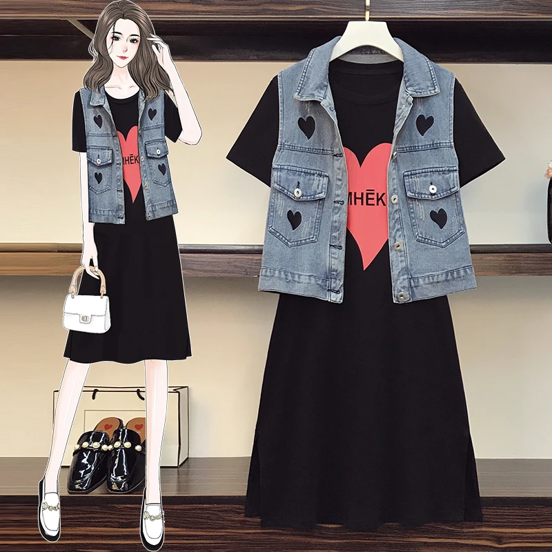 

4XL Plus Size Women Cotton Tshirt Dress Summer 2021 High Street Fashion Red Heart Print Short Sleeve Loose Casual Black Dresses