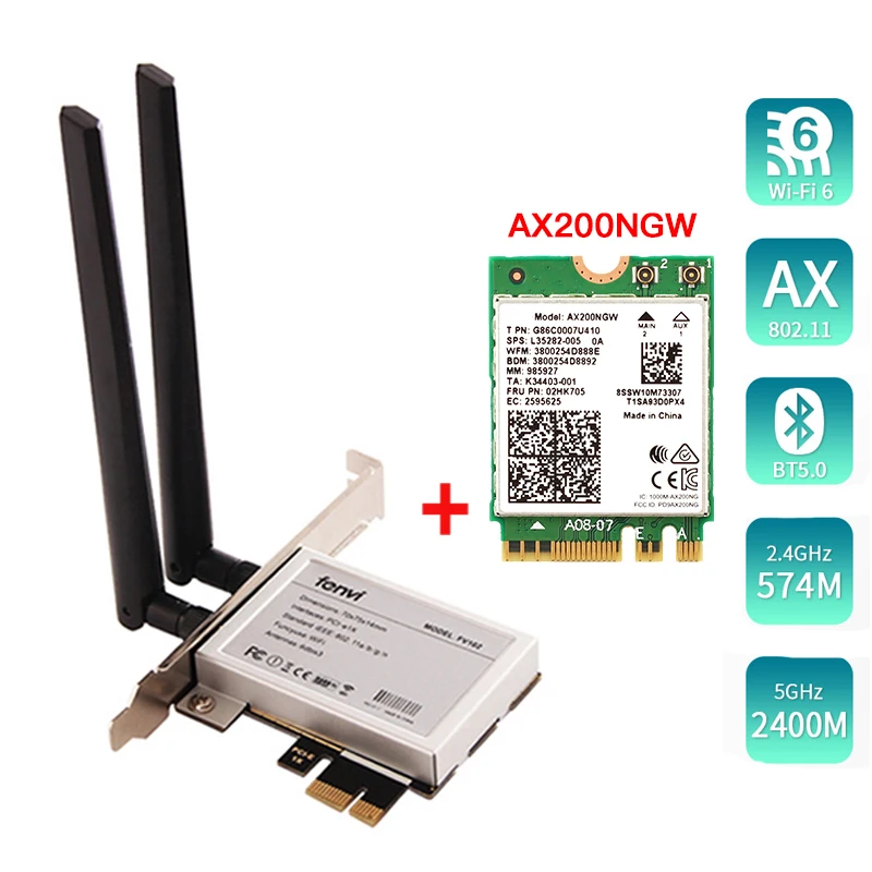 

Беспроводной преобразователь PCI-E 1X для ПК, сетевая карта 2400 Мбит/с, для Intel AX200, Bluetooth 5,0, для ноутбука Windows 10