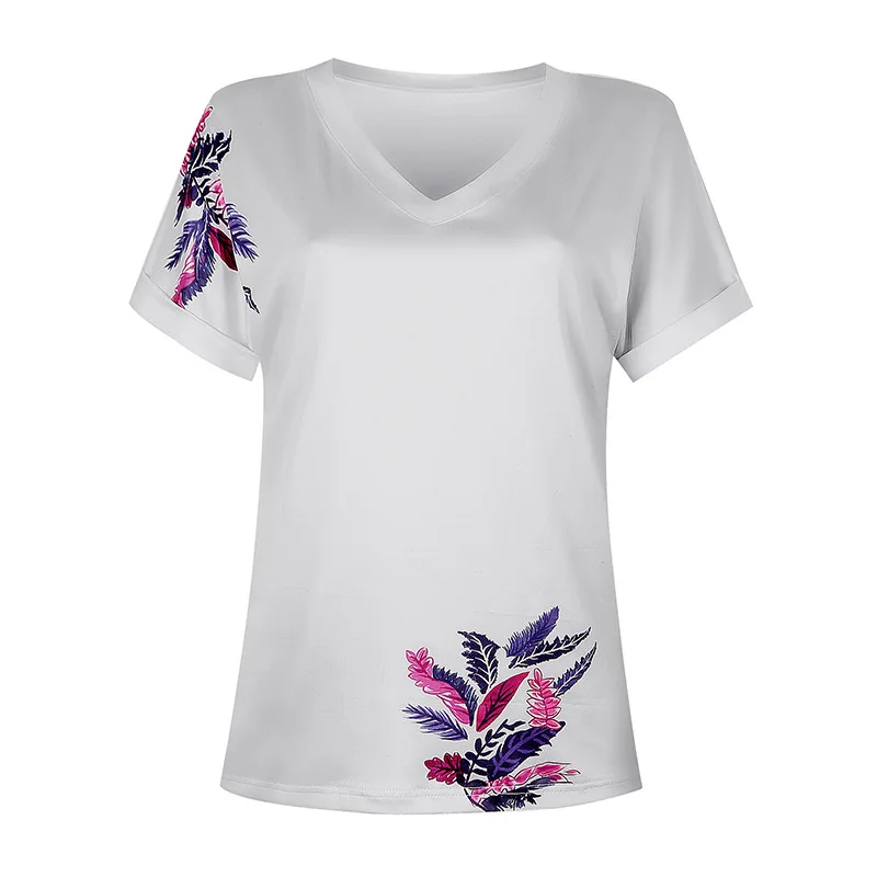 

New Summer Ladies Casual Short-sleeved V-neck Print Streetwear Trend Large Size T-shirt Top Loose Casual Flower Women's Clothing