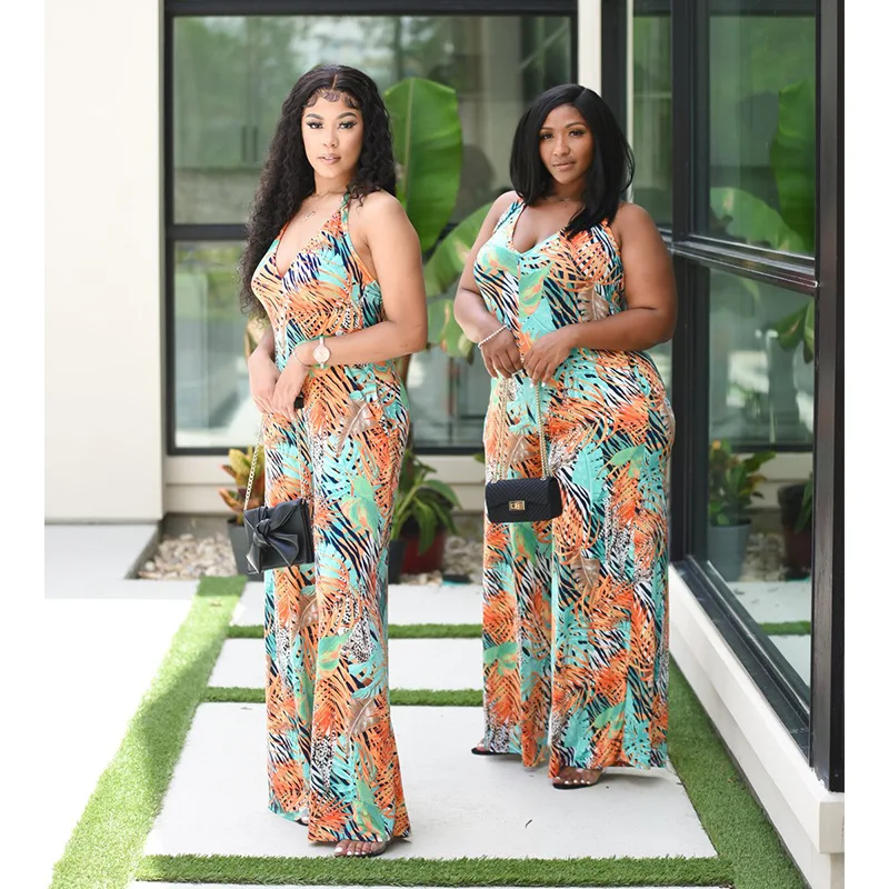 

Hottest Leaf Printing Women Plus Size Halter Jumpsuits 2021 Summer Sleeveless Bohemian Style Sexy Backless Lace-up Rompers