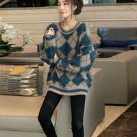 2021 new style plus velvet thick autumn and winter contrast color wild korean loose mid length pullover women