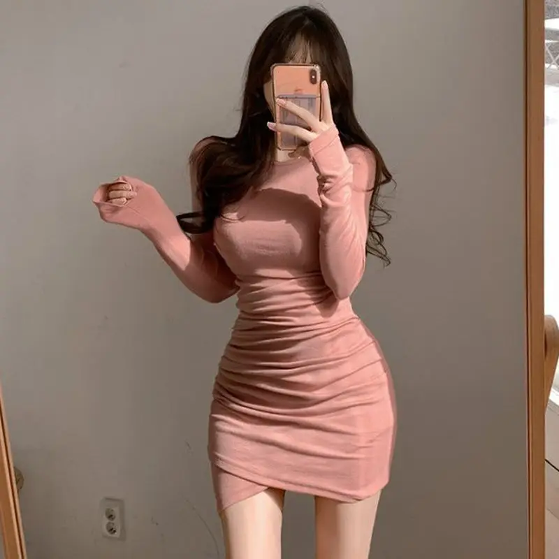 

Платье с круглым вырезом и длинным рукавом, женское однотонное асимметричное приталенное платье, новинка сезона осень-зима 2022, корейская мо...