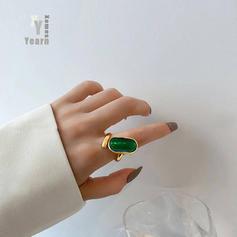 

Classic Geometric Oval Green Imitation Gem Gold Opening Rings For Woman Korean Fashion Jewelry Party Girls Luxury Accessories