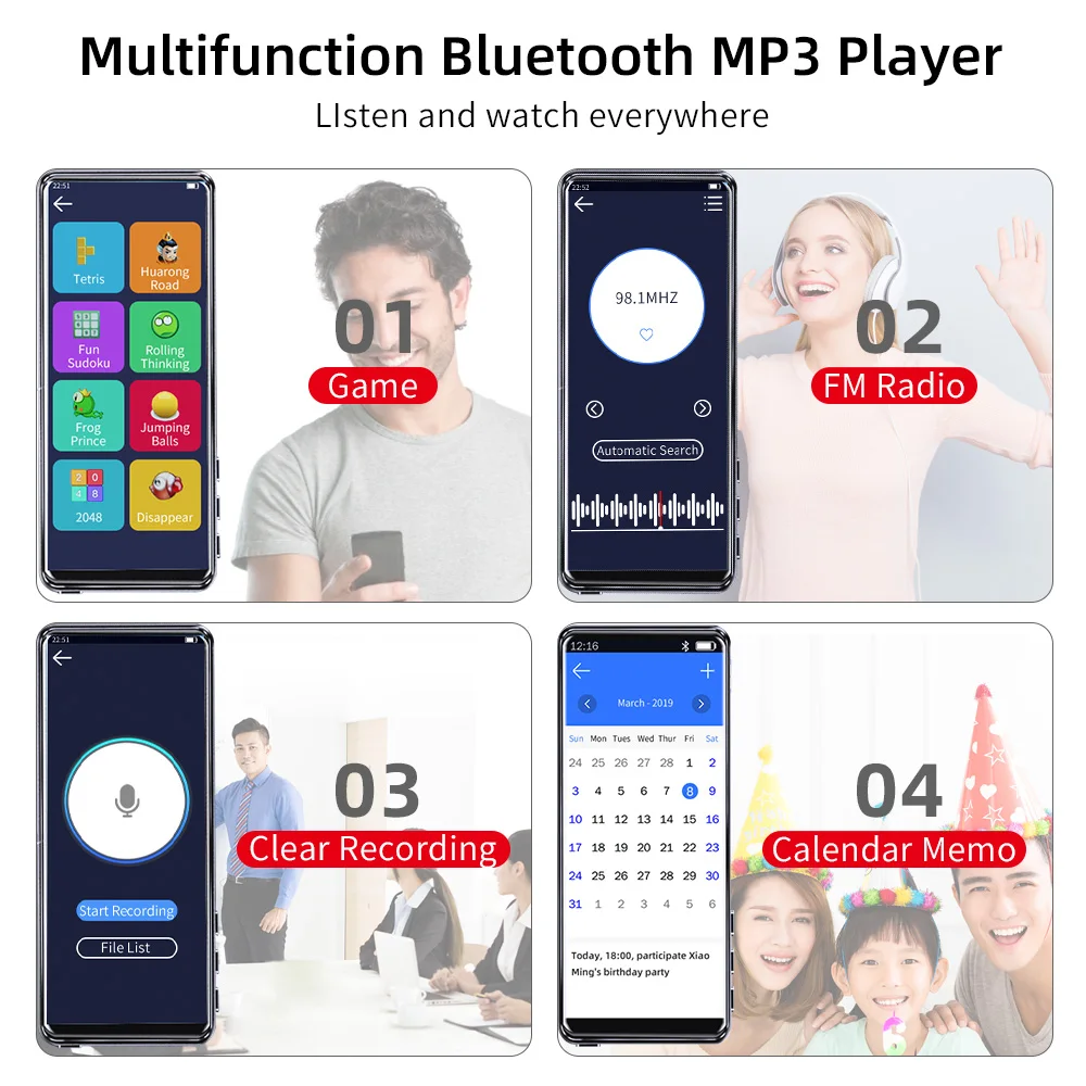 Deelife Bluetooth MP3 плеер и MP4 Воспроизведение с экраном FM радио Запись Встроенный 8 Гб