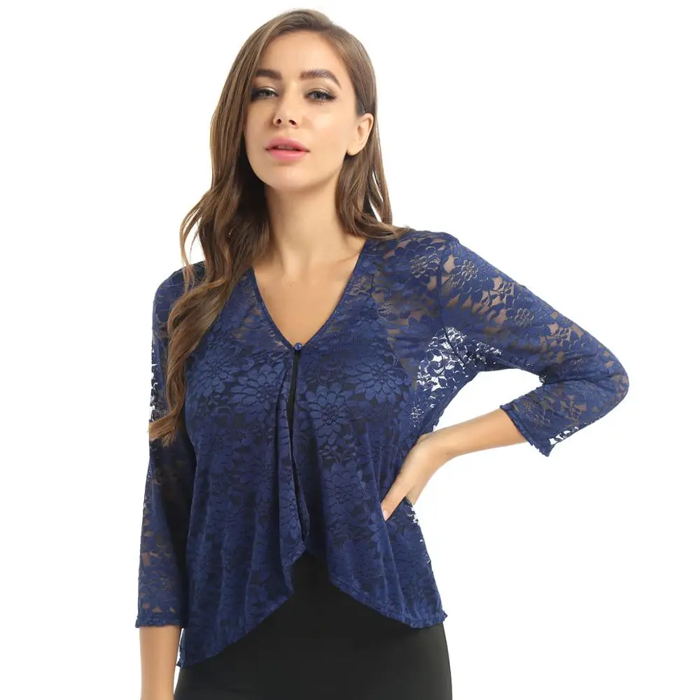 Женский кружевной кардиган открытые топы с рукавами 3/4 и V образным