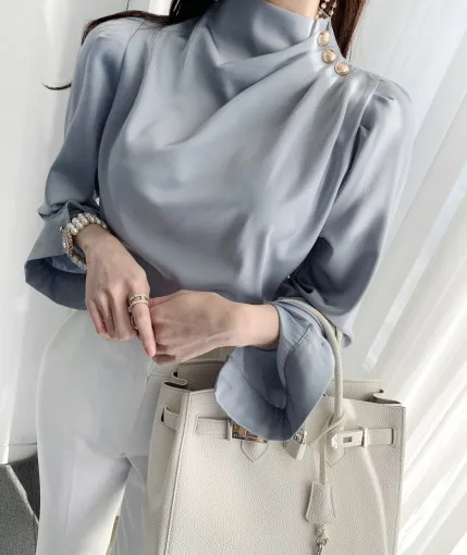 

Vintage Chic Satin Shirt Women Long Sleeve Casual Minimalist Button Blouse Lady Office Fashion White Women's Shirts