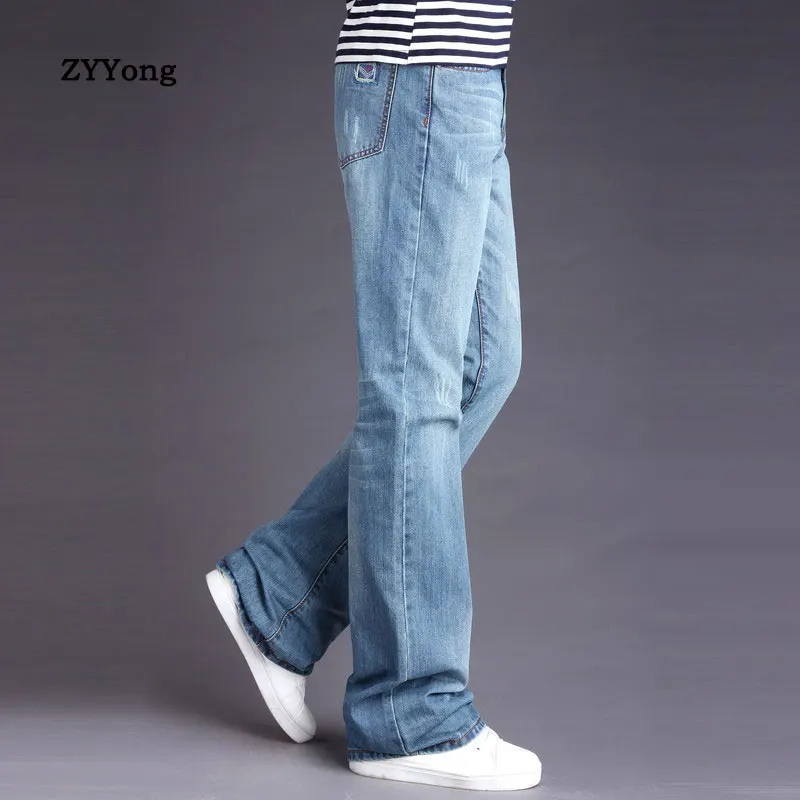 2020 Mens Light Blue Flared Leg Jeans Trousers Mid Waist Long Flare Jeans For Men Boot Cut Blue Jeans Hommes Bell Bottom Jeans