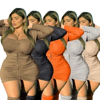 womens new autumn and winter long sleeved v neck drawstring pleated tight sexy hip mini skirt birthday party plus size dress4xl