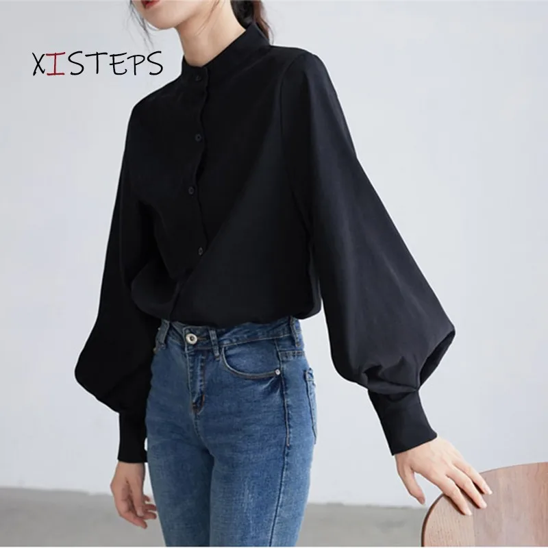 High Quality Women Blouses Shirts Personalized Big Lantern Sleeve Tops Chic Office Lady Blusas Feminina 2021 Black White Clothes