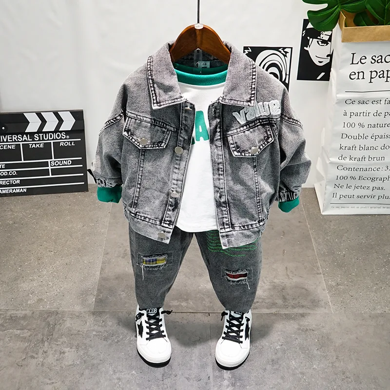 

3PCS WLG Boys Clothes Kids Boutique Outfits Spring Autumn Denim Letter Jacket White T Shirt and Ripped Jean Set Baby Boy Clothes