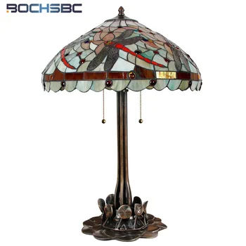 BOCHSBC Tiffany Style Table Light Red Dragonfly Shade Bronze Frame Lotus Casted Base 20 Inch Stained Glass Desk Lamps Luxury Art