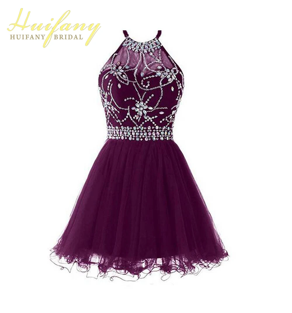 Для женщин короткий Бисер c бретелькой через шею и Коктейльные Вечерние платья