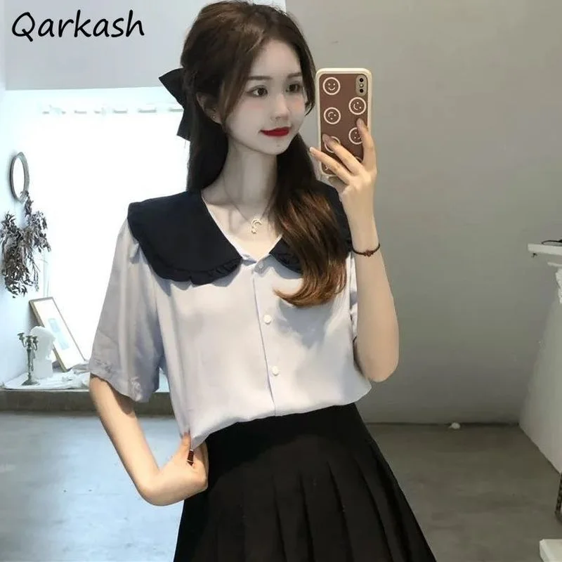 

Shirts Women Sweet Solid Color Peter Pan Collar Maiden Simple Princess Lovely Edible Tree Fungus Clothing Tops Summer Ladies Ins