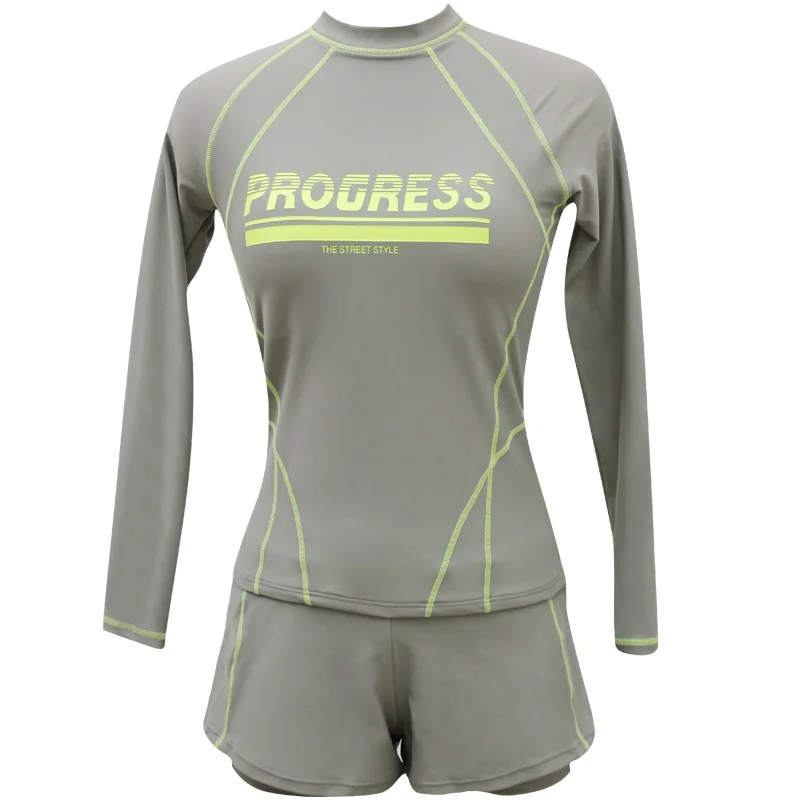 

Long Sleeve Rash Guard Women 2 Piece Swimsuit Swimwear Bathing Suits Sport Pad Solid Boy-Short Pant Green