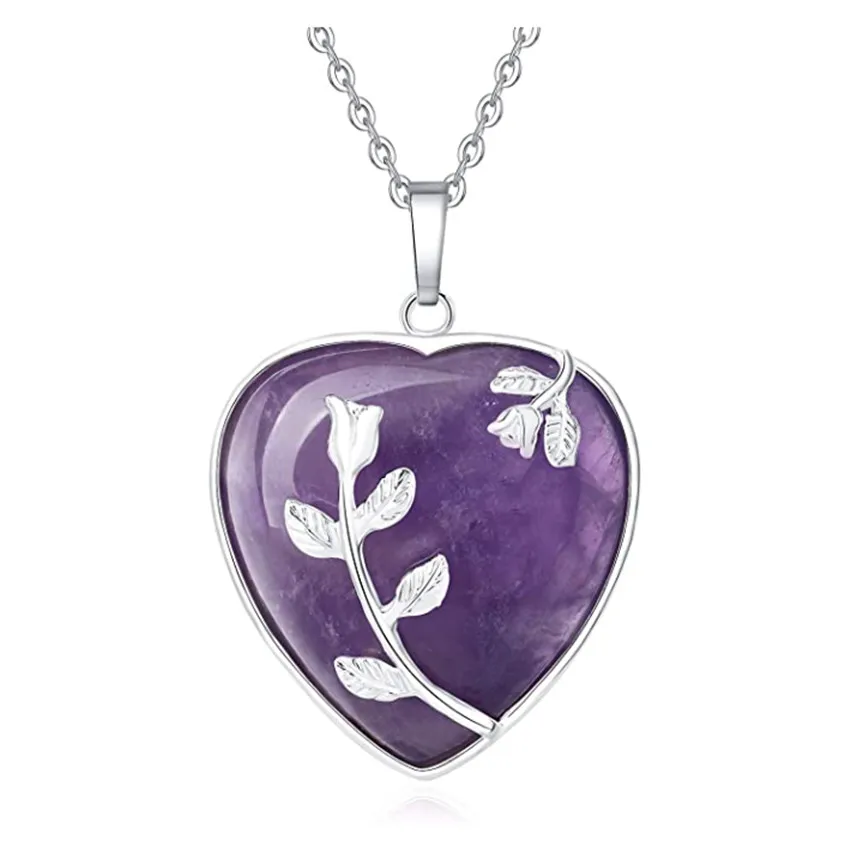 

FYJS Unique Silver Plated Leaf Flower Wrap Love Heart Amethysts Stone Pendant Link Chain Necklace Red Agates Jewelry