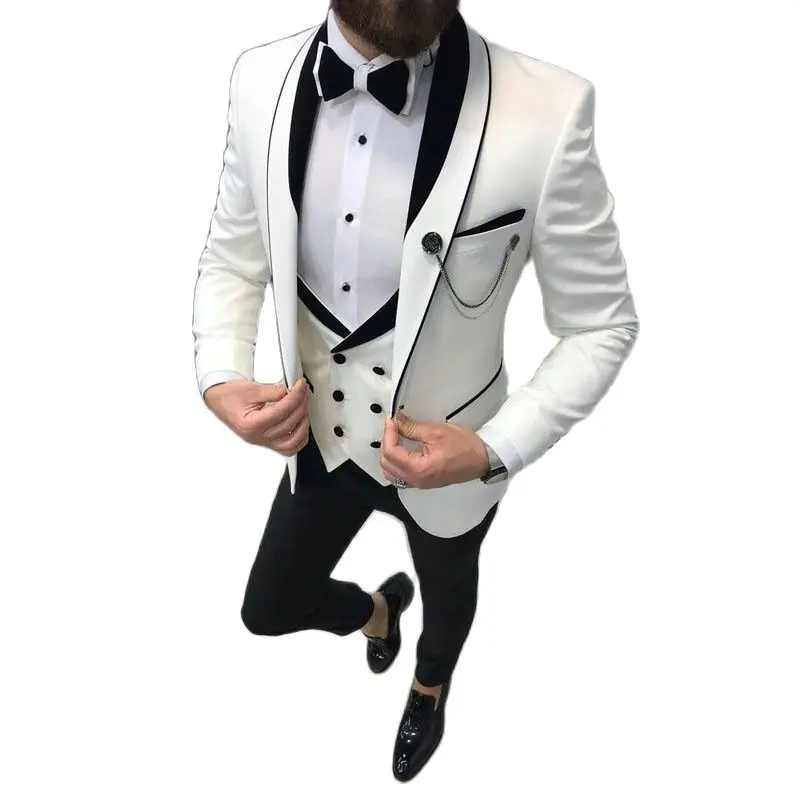 

Смокинг Grom облегающий для свадьбы, деловые мужские костюмы белого и черного цвета с двубортным жилетом и брюками