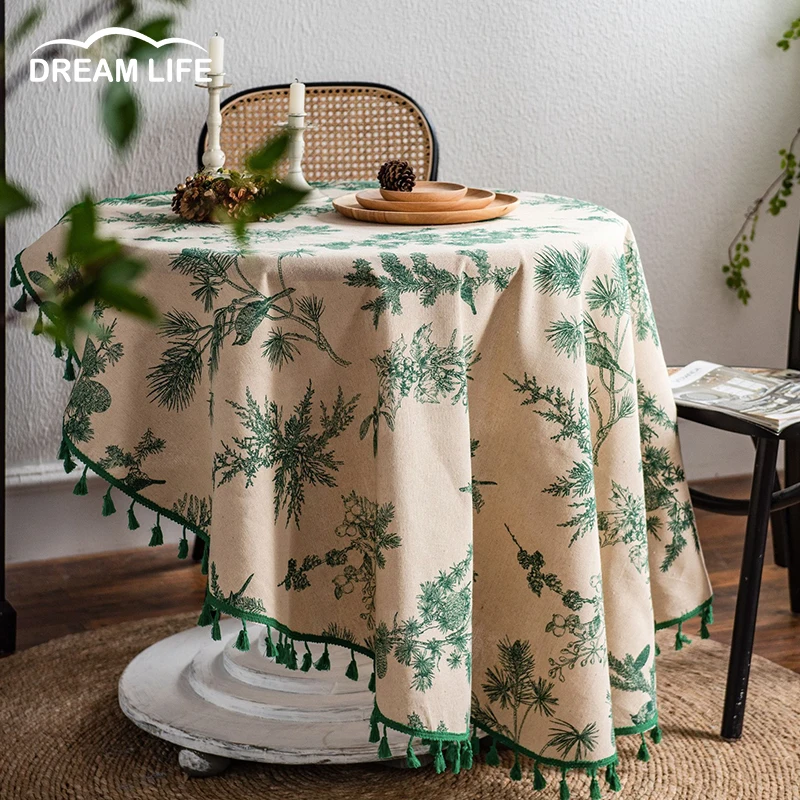 

Скатерть из хлопка и льна с принтом в виде зеленой ветки сосны