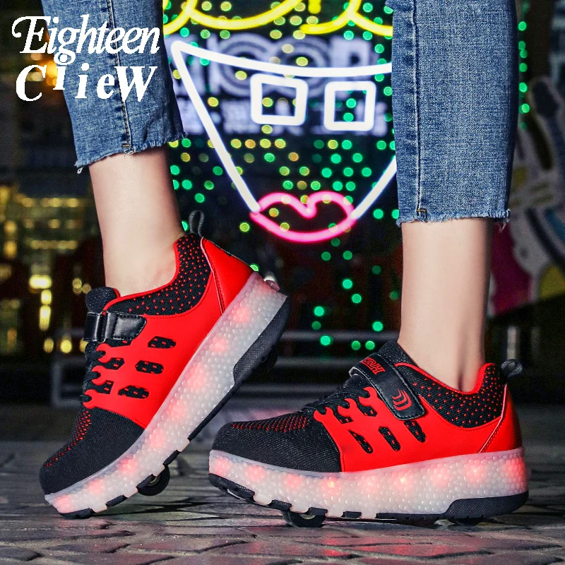 

Size 28-40 Glowing Sneakers with Wheels Shoes with USB Charging Luminous Sneakers with Two Wheels Led Light Roller Skate Shoes