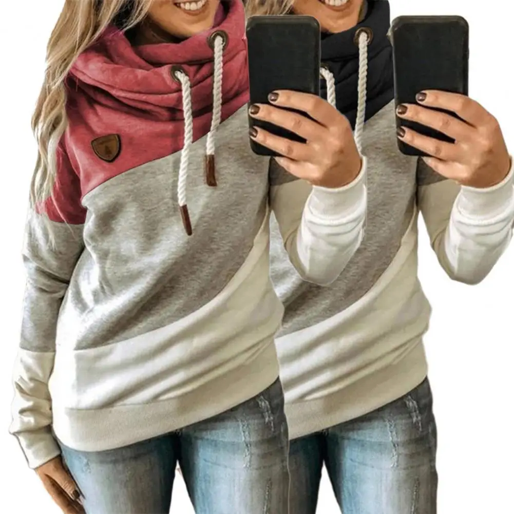 

Casual Color Block Drawstring Hoodie Lady Sweatshirt Women All Match