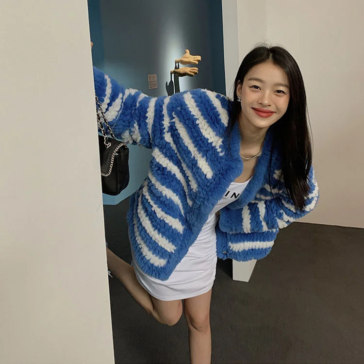 Шерстяной вязаный кардиган Haining из шерсти кролика Рекс в полоску шерстяное