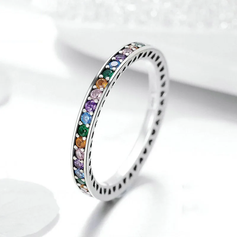 

Fashion Thin Minimalist Inlaid Rainbow Color Colorful Rhinestone Finger Ring with Crystal for Women Party Wedding Jewelry
