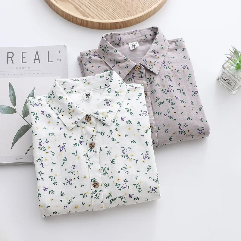 

2022 Spring Cotton Yarn Vintage Floral Blouse Shirt Women Long Sleeve Lapel Collar Button Down Blouses Prairie Chic Blusas